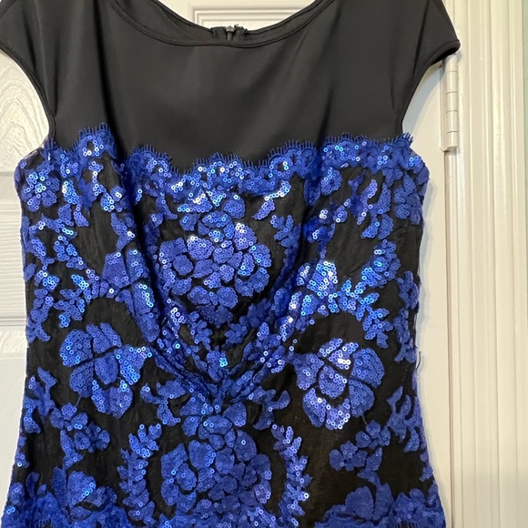 Tadashi Shoji Black Midi Dress with Blue Embroidery - Picture 2 of 8